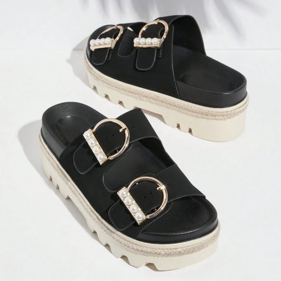 Pearl Embellished 🔥 Wedge Heel Platform Sandals - Picture 1 of 5